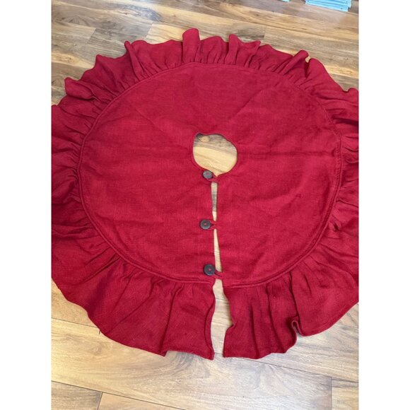 World Market Red Jute Christmas Tree Skirt With Ruffled Edge & Button Closure - Picture 1 of 4